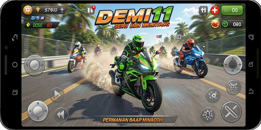 Gameplay seru dalam balapan motor dengan trek menarik.