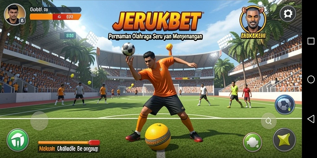 Screenshot menunjukkan gameplay seru dari JERUKBET di lapangan olahraga.