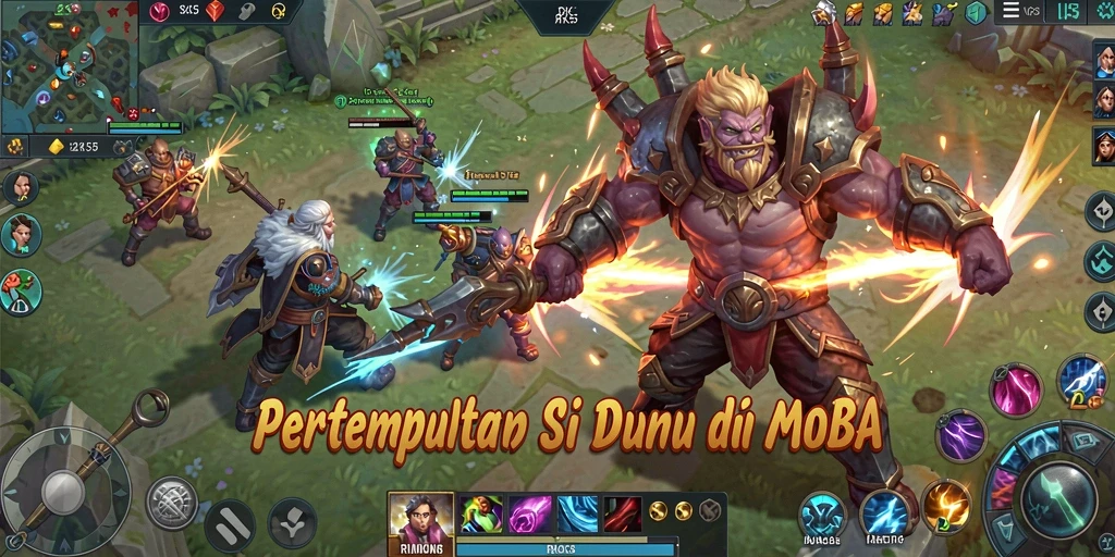 Menampilkan aksi seru dalam arena pertempuran MOBA RK55.