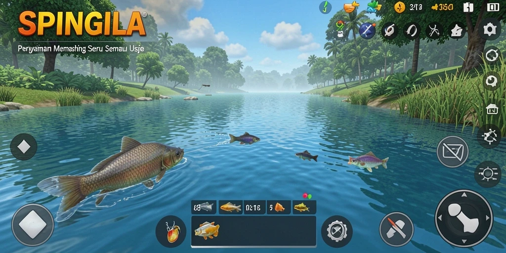 Tampilan gameplay SPINGILA yang menarik dengan berbagai lokasi memancing.